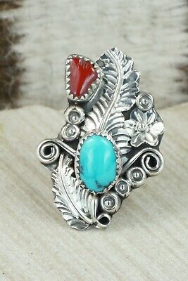Turquoise, Coral & Sterling Silver Ring - Harry Yazzie - Size 9.25