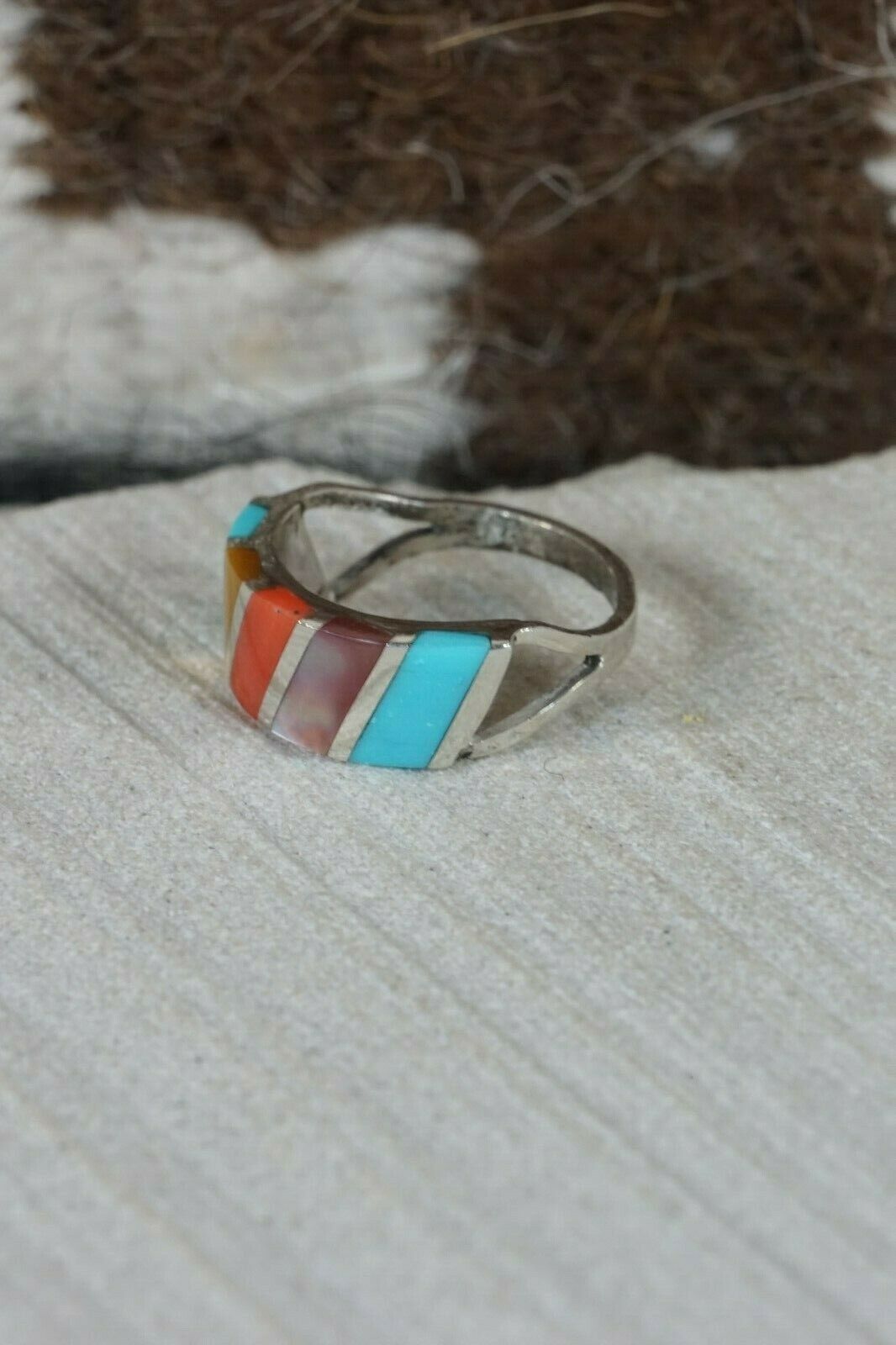 Zuni Multi- Stone and Sterling Silver Ring - Fabian Sheyka - Size 5 - High Lonesome Trading