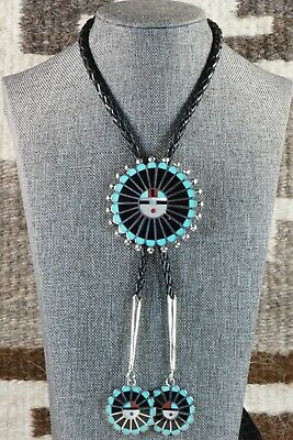 Zuni Turquoise & Sterling Silver Sun Face Bolo Tie - Adrian Wallace
