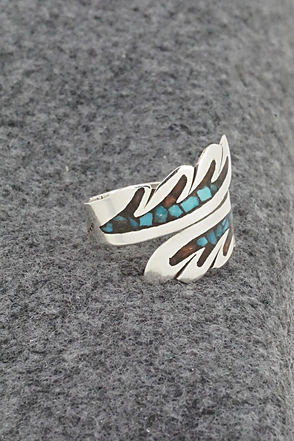 Turquoise, Coral & Sterling Silver Ring - Jolene Yazzie - Size 7.5