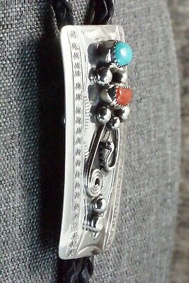 Turquoise, Coral & Sterling Silver Bolo Tie - Wilbur Myers