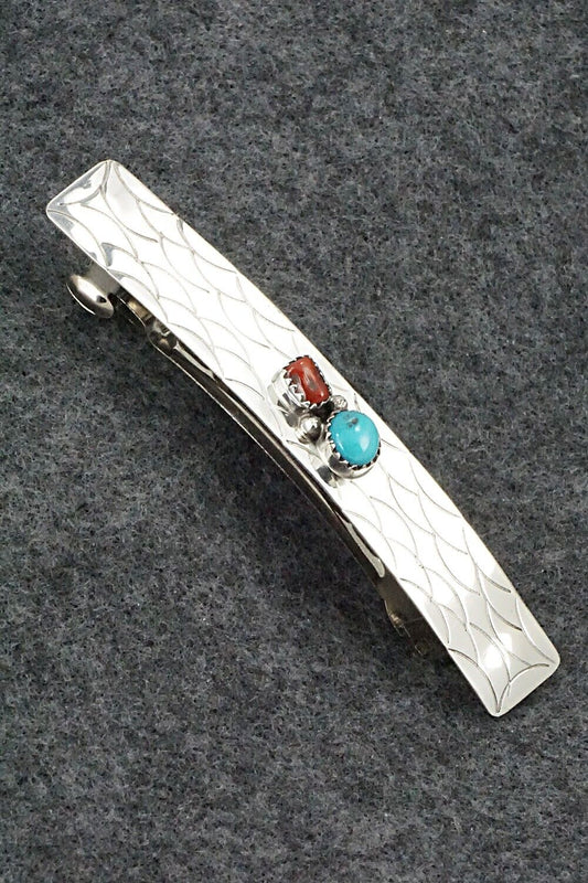 Turquoise, Coral & Sterling Silver Hair Barrette - Sally Arviso
