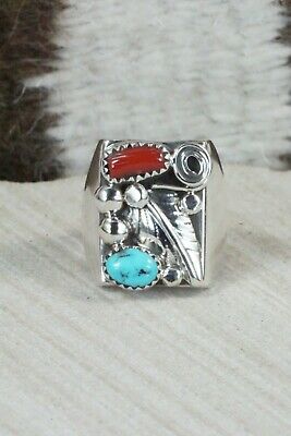 Turquoise, Coral and Sterling Silver Ring - Wilbur Myers - Size 9