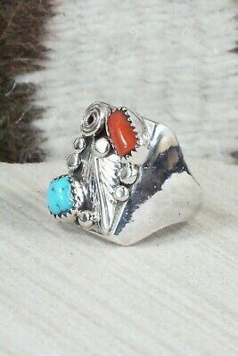 Turquoise, Coral and Sterling Silver Ring - Wilbur Myers - Size 9