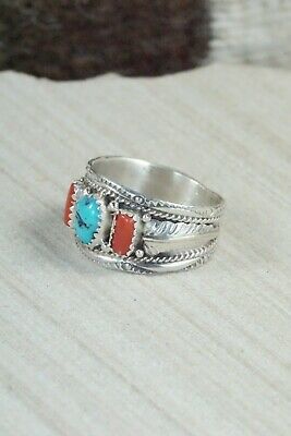 Turquoise, Coral and Sterling Silver Ring - Harrison & Betty Begay - 11.5
