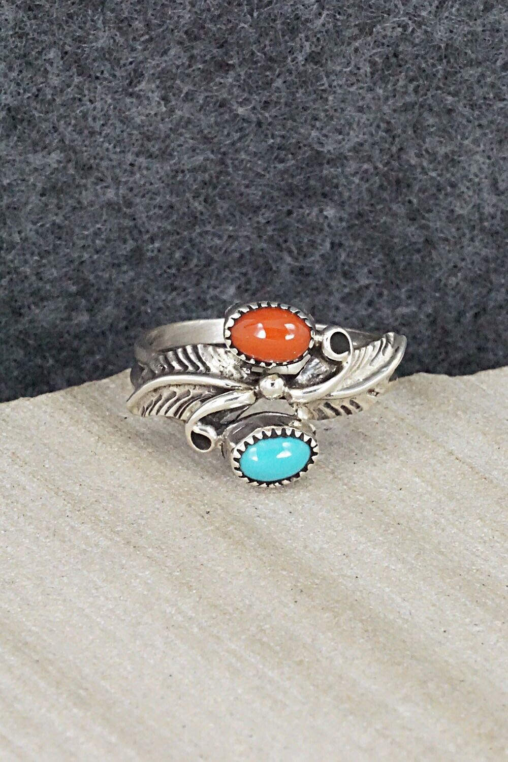 Turquoise, Coral & Sterling Silver Ring - Harry Yazzie - Size 8.25