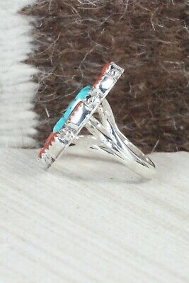 Turquoise & Coral Sterling Silver Ring - Roberta Begay - Size 6