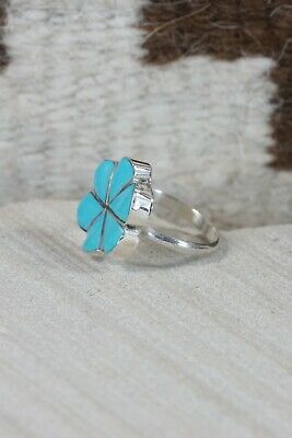 Zuni Turquoise and Sterling Silver Flower Ring - Jonathan Besselente - Size 5.5