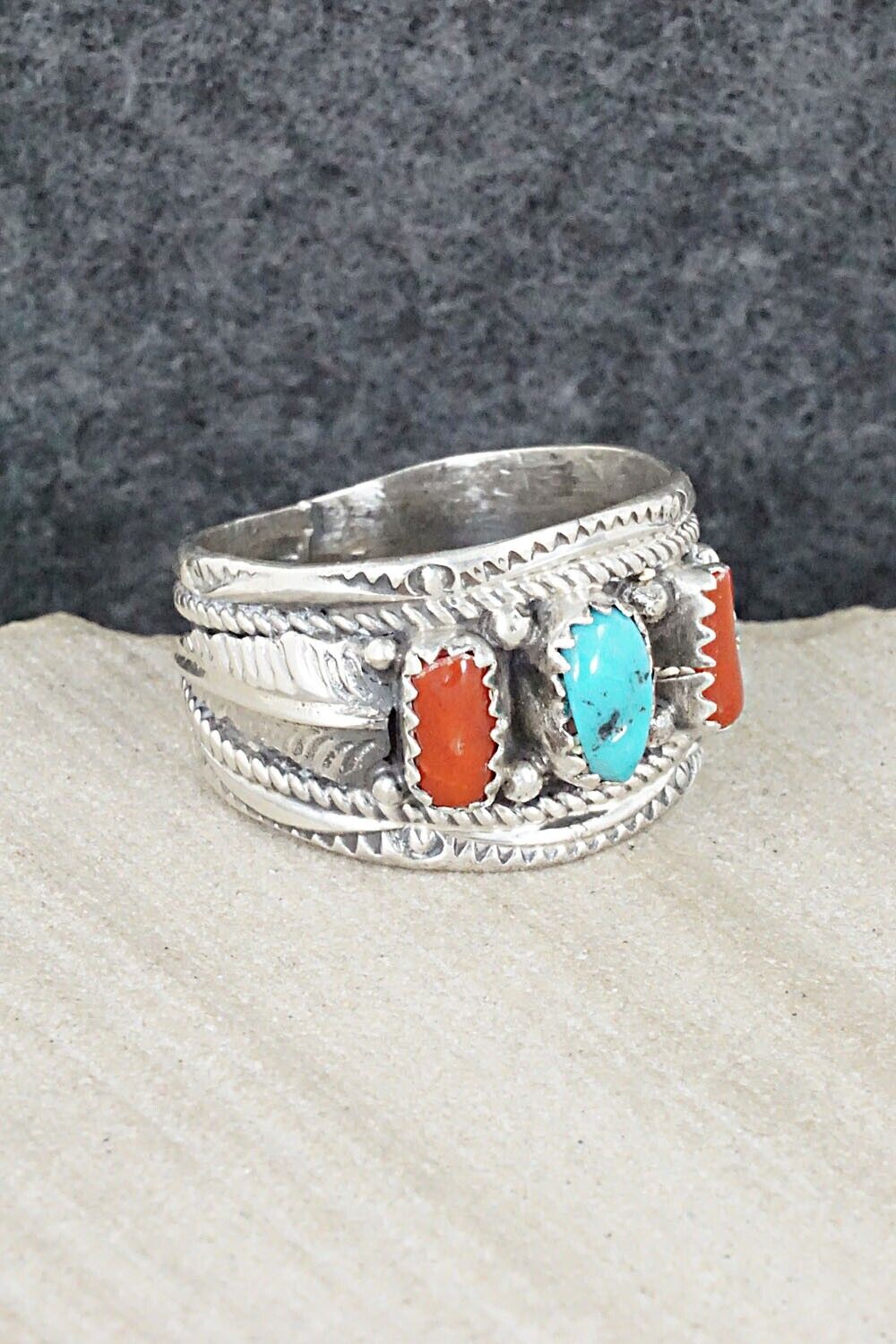 Turquoise, Coral and Sterling Silver Ring - Betty Begay - Size 10.5