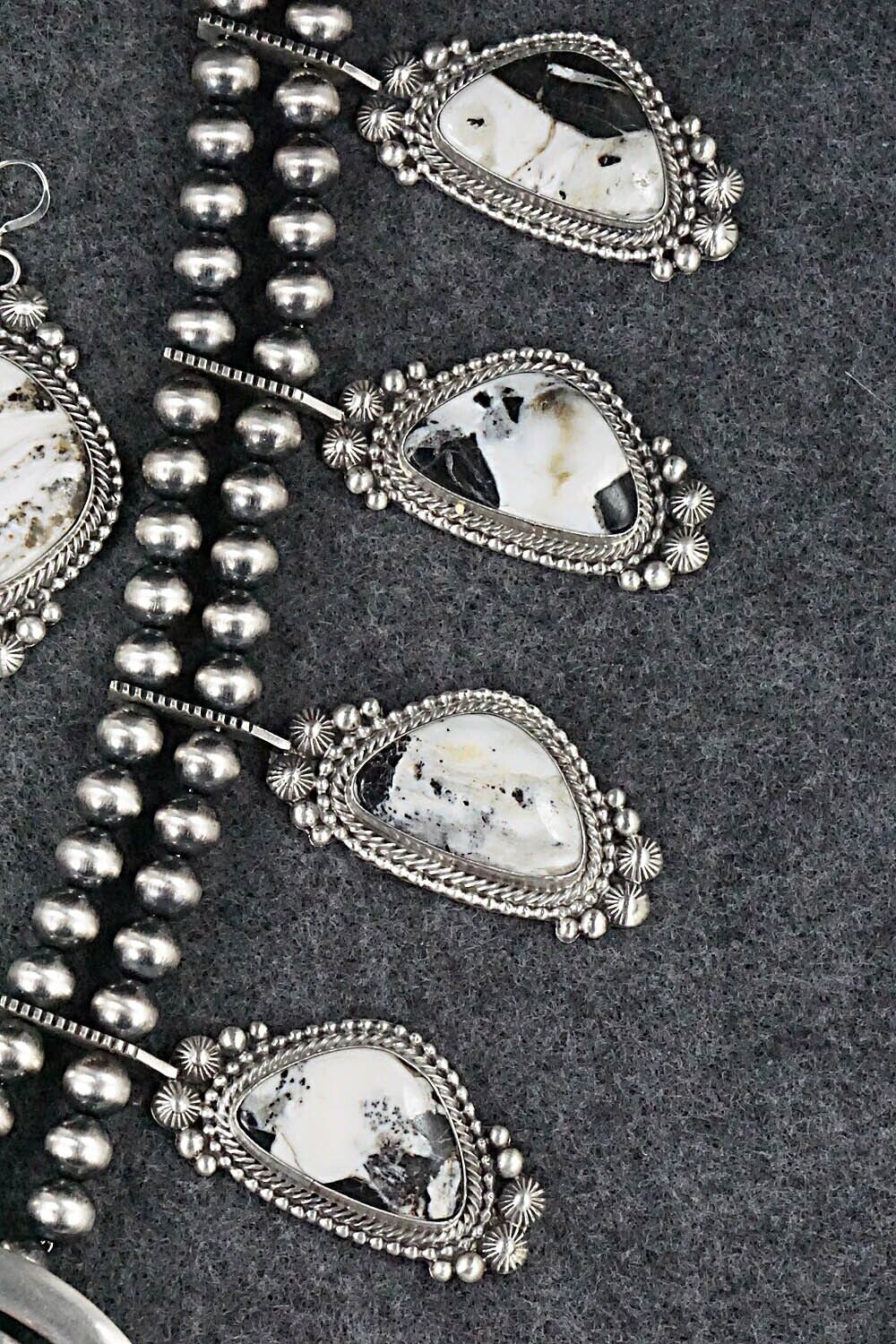 White Buffalo & Sterling Silver Squash Blossom Set - Tom Lewis