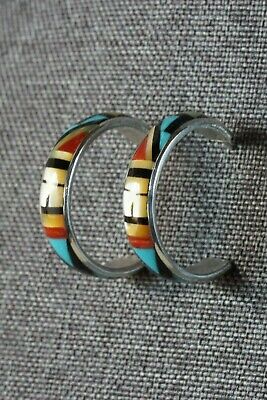 Zuni Multi Stone Inlay & Sterling Silver Hoop Earrings - Delberta Boone - High Lonesome Trading