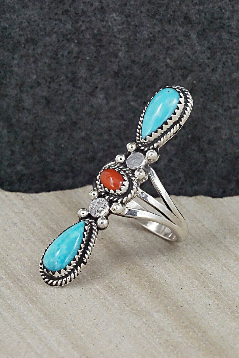 Turquoise, Coral & Sterling Silver Ring - Andrew Vandever - Size 8.5