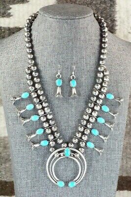 Turquoise & Sterling Silver Squash Blossom and Earrings - Leon Kirlie