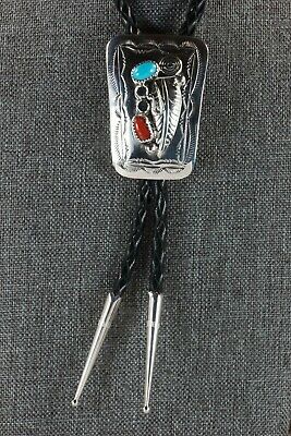 Navajo Turquoise, Coral & Sterling Silver Bolo Tie - Wilbur Myers