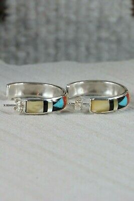 Zuni Multi Stone Inlay & Sterling Silver Hoop Earrings - Delberta Boone - High Lonesome Trading