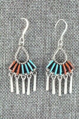 Turquoise, Coral & Sterling Silver Earrings - Edmund Cooeyate - High Lonesome Trading