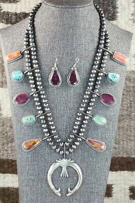 Turquoise, Spiny Oyster & Sterling Silver Squash Blossom Set - Tom Lewis