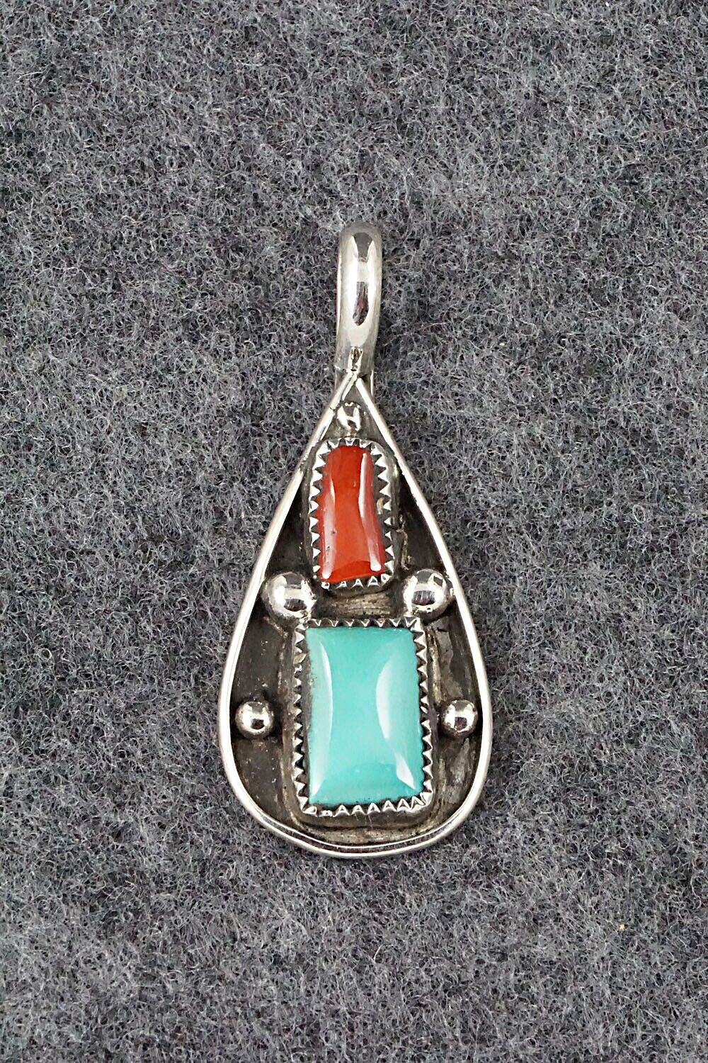 Turquoise, Coral & Sterling Silver Pendant - Priscilla Reeder