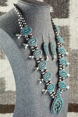 Turquoise & Sterling Silver Squash Blossom and Earrings - Lorena Peina