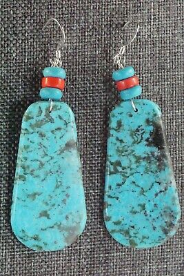 Turquoise, Coral & Sterling Silver Earrings - Lupe Lovato