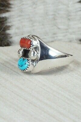 Turquoise, Coral & Sterling Silver Ring - Wilbur Myers - Size 11