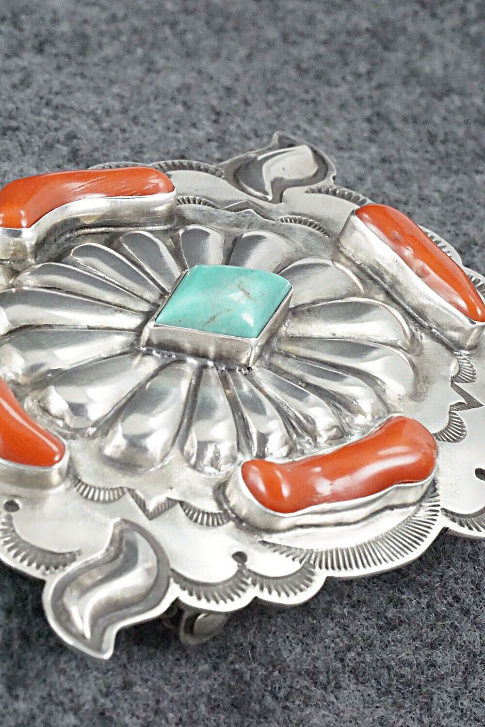 Turquoise, Coral & Sterling Silver Belt Buckle - Wallace Yazzie, Jr.