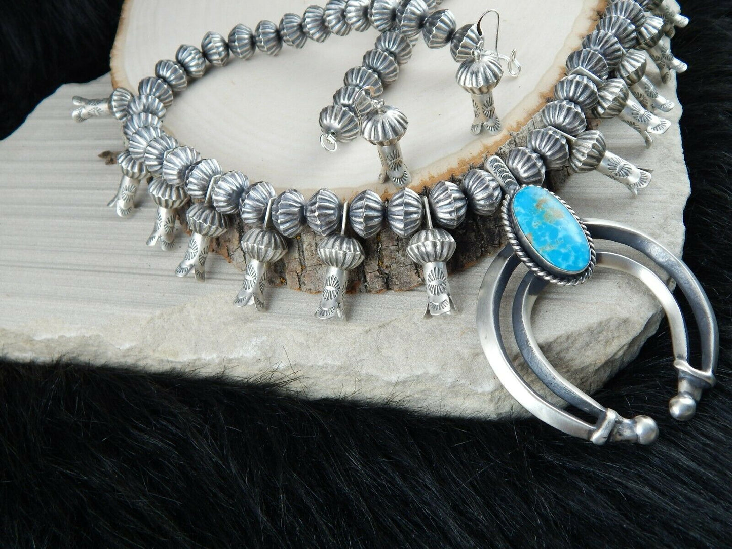 Turquoise & Sterling Silver - Navajo Squash Blossom & Earrings - Chris Hale - High Lonesome Trading