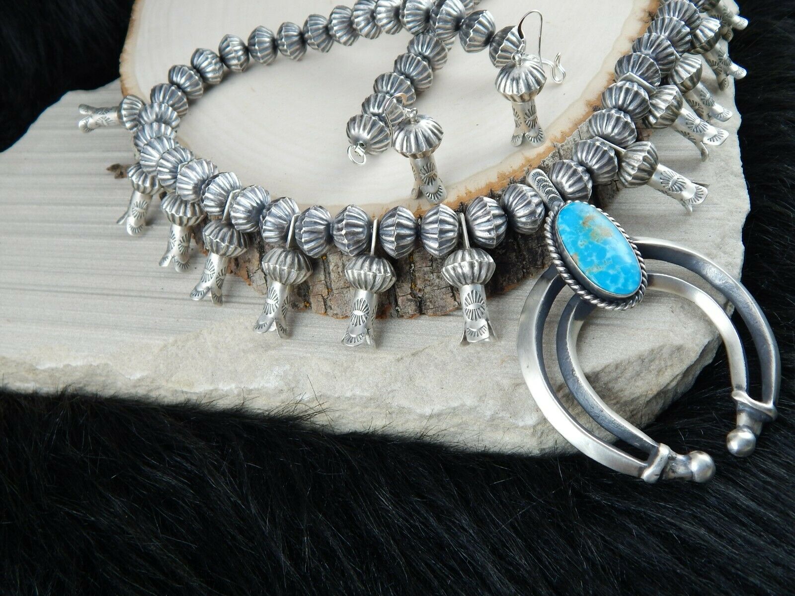 Turquoise & Sterling Silver - Navajo Squash Blossom & Earrings - Chris Hale - High Lonesome Trading
