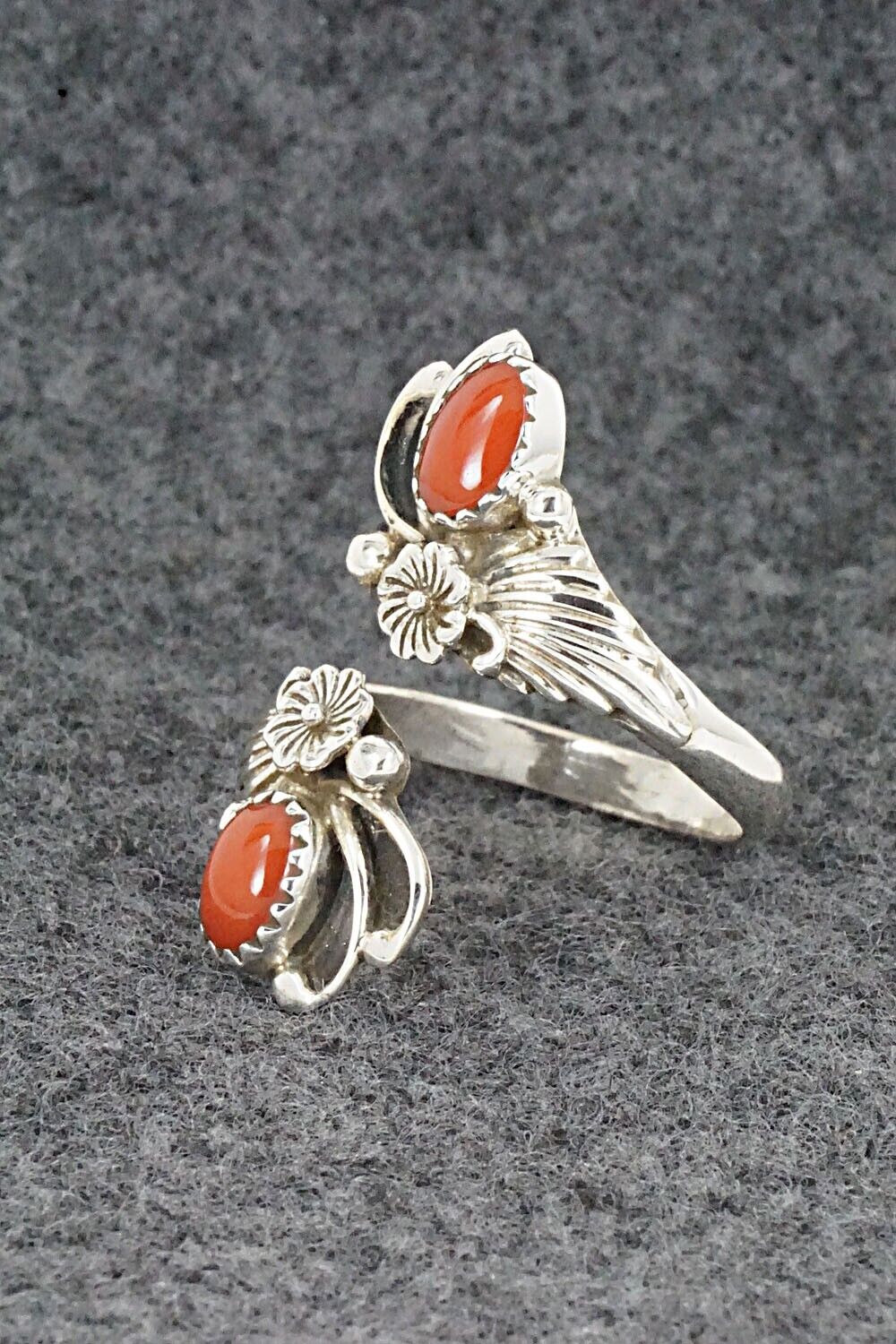 Coral and Sterling Silver Ring - Etta Belin - Size 9.5