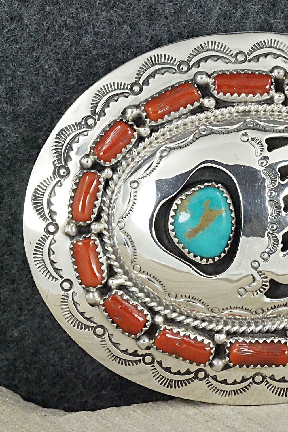 Turquoise, Coral & Sterling Silver Belt Buckle - Wilbert Muskett Sr.