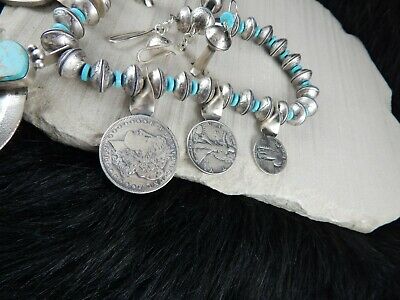 Navajo Sterling Silver & Turquoise Squash Blossom & Earrings - James McCabe - High Lonesome Trading