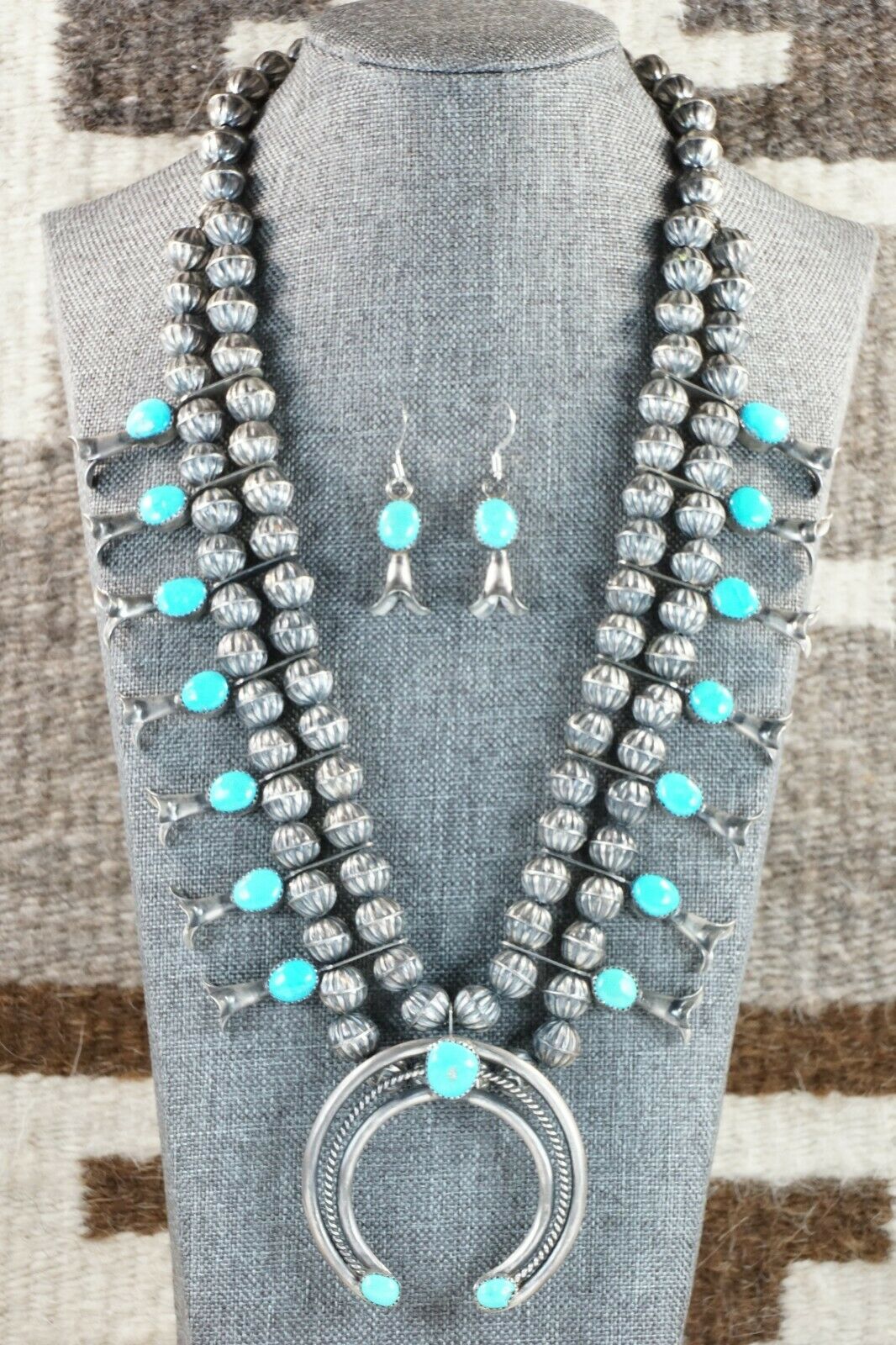 Turquoise & Sterling Silver Squash Blossom & Earrings - Leon Kirlie