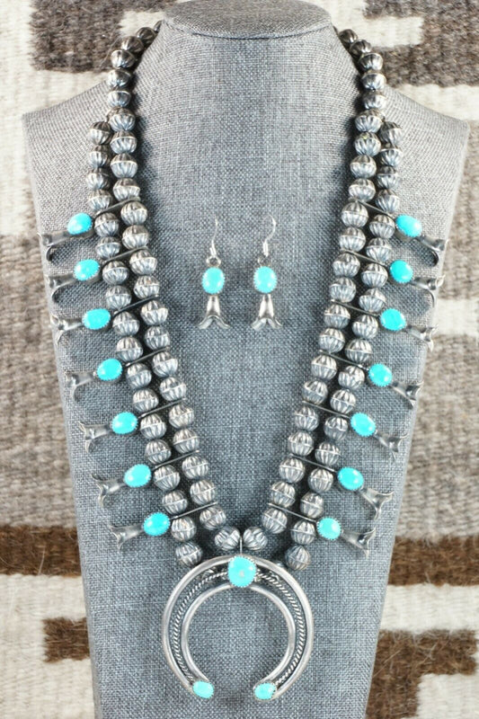 Turquoise & Sterling Silver Squash Blossom & Earrings - Leon Kirlie