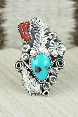 Turquoise, Coral & Sterling Silver Ring - Harry Yazzie - Size 7.5