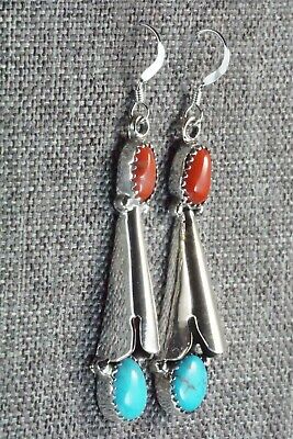 Coral, Turquoise & Sterling Silver Earrings - Roger Pino