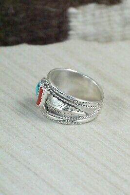 Turquoise, Coral and Sterling Silver Ring - Harrison & Betty Begay - 9.5