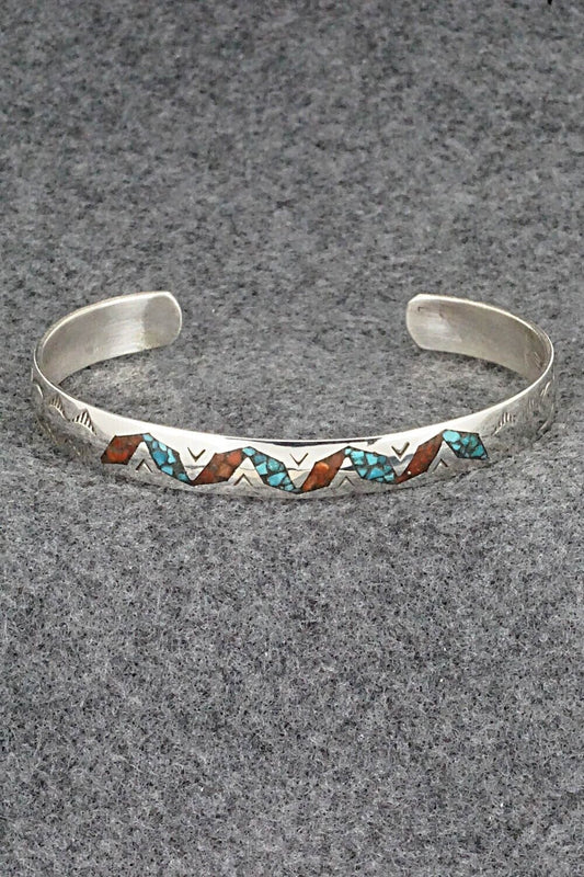 Turquoise, Coral and Sterling Silver Bracelet - Joleen Yazzie