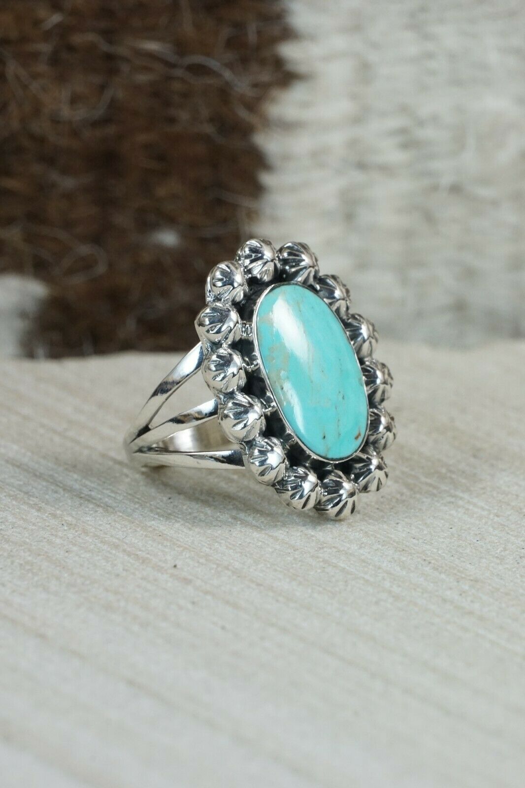 Navajo Turquoise and Sterling Silver Ring - Freida Martinez - Size 8.5