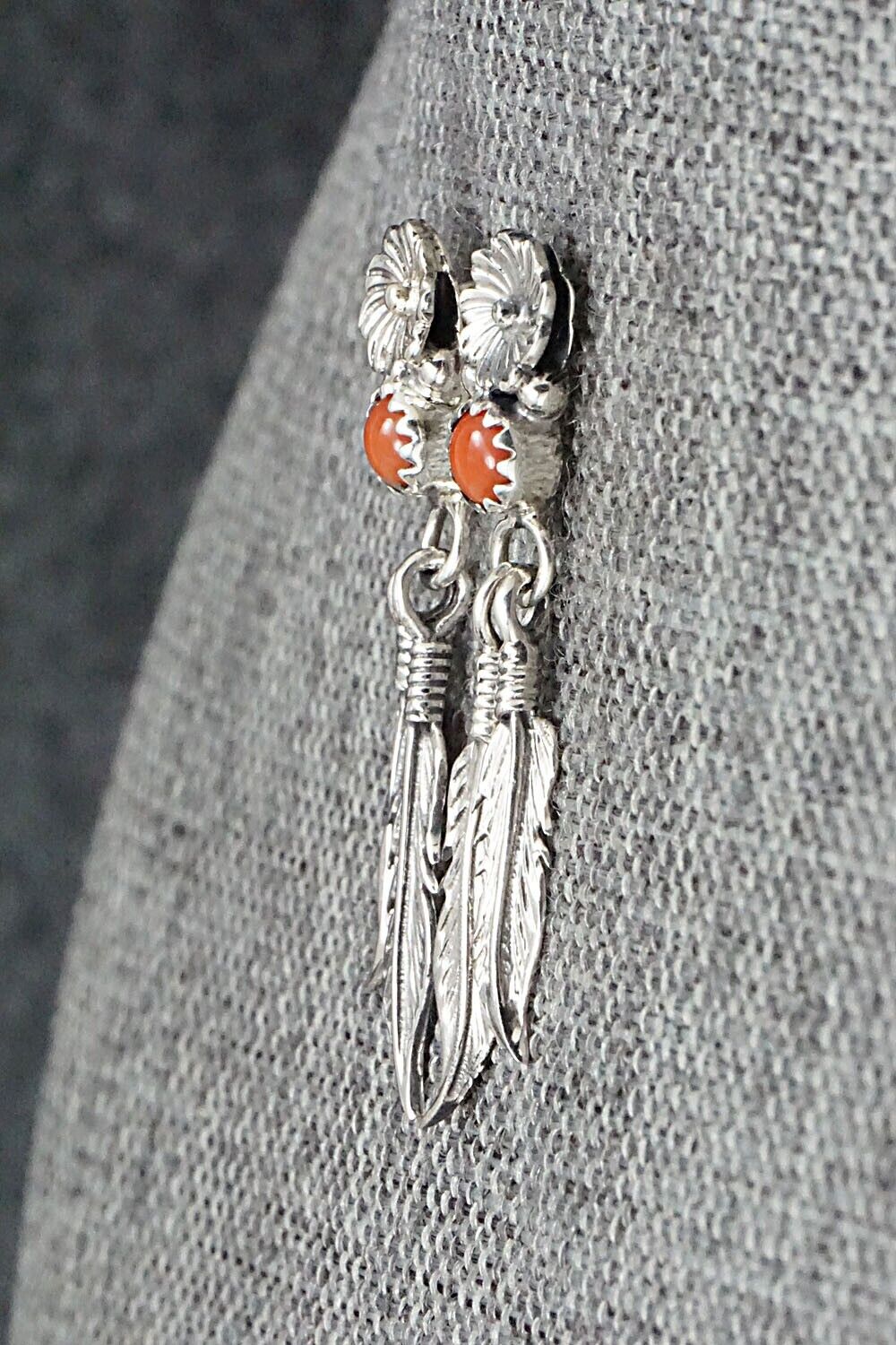 Coral & Sterling Silver Earrings - Adelarae Yazzie