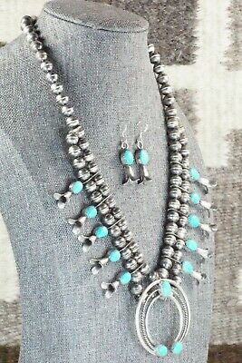 Turquoise & Sterling Silver Squash Blossom and Earrings - Leon Kirlie