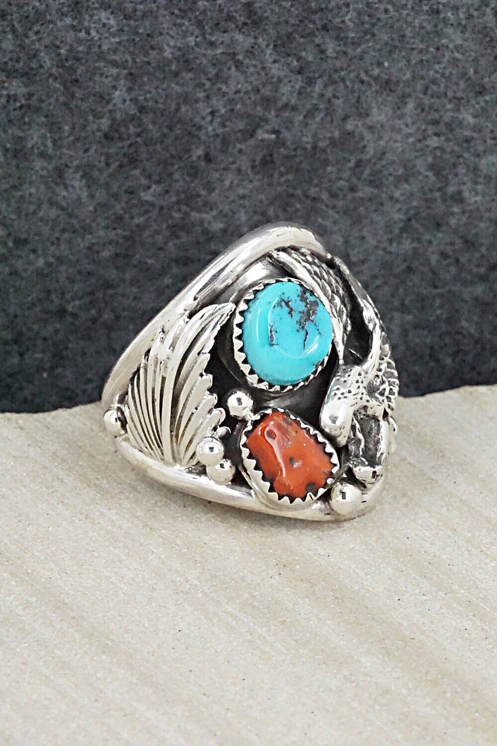 Turquoise, Coral & Sterling Silver Ring - Jeannette Saunders - Size 11