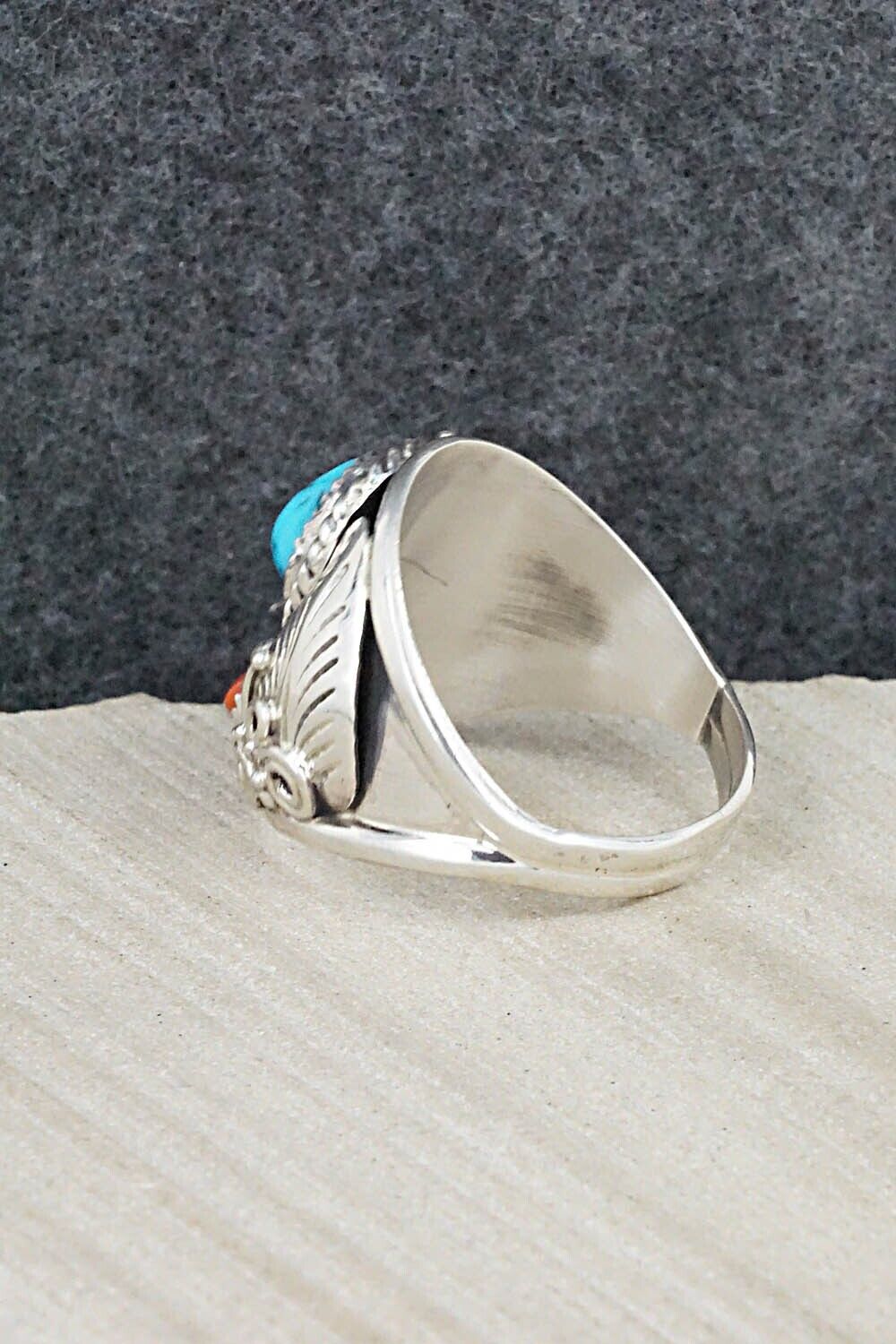Turquoise, Coral & Sterling Silver Ring - Leonard Spencer - 14.5