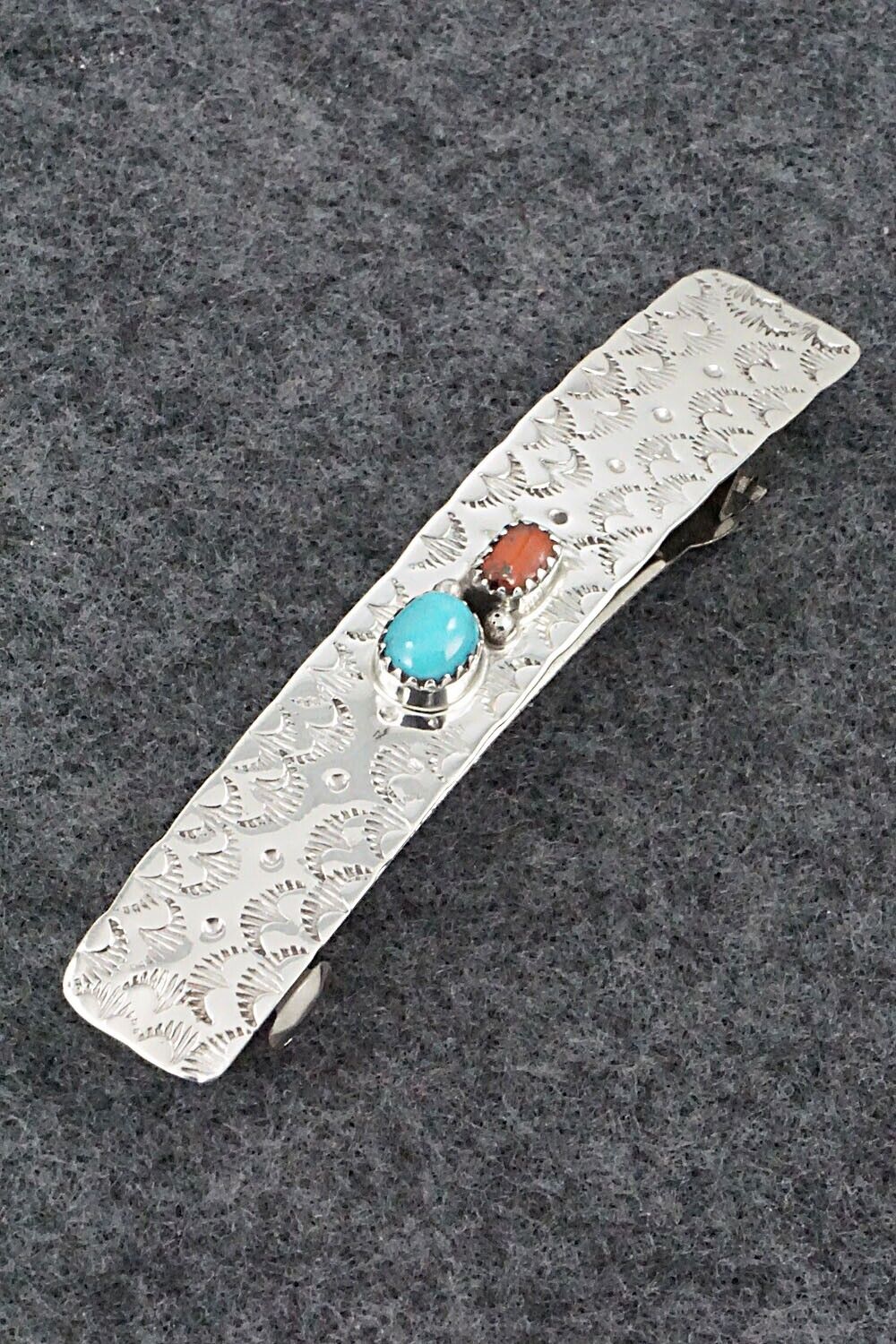 Turquoise, Coral & Sterling Silver Hair Barrette - Sally Arviso