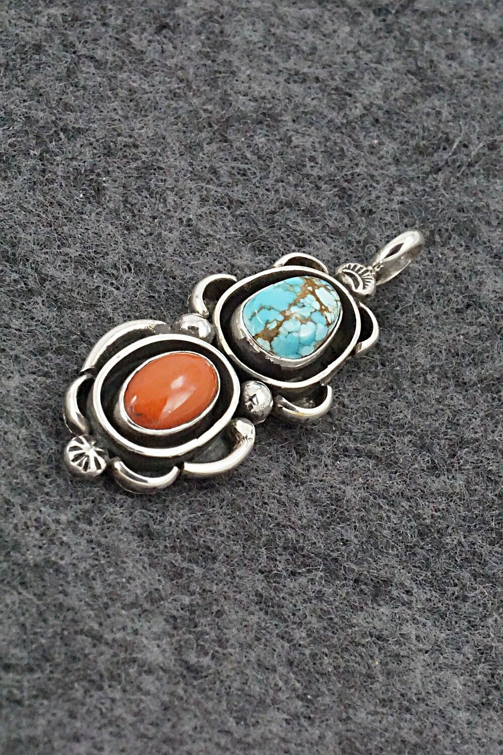 Turquoise, Coral & Sterling Silver Pendant - Roger Lewis