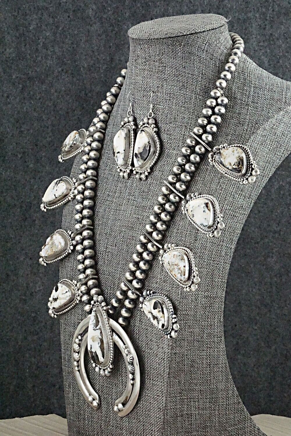 White Buffalo & Sterling Silver Squash Blossom Set - Tom Lewis