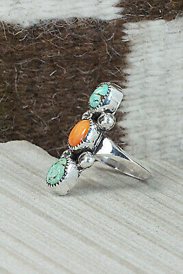 Turquoise, Spiny Oyster & Sterling Silver Ring - Priscilla Reeder - Size 8.75