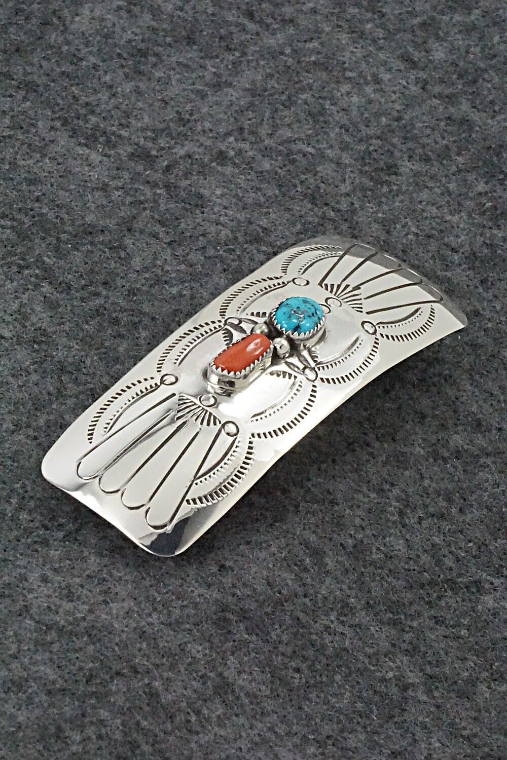 Turquoise, Coral & Sterling Silver Hair Barrette - Joann Silver