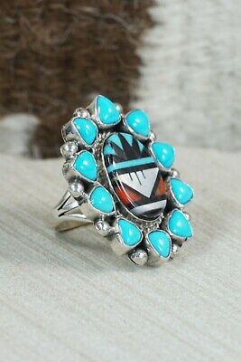 Zuni Inlay Turquoise, Coral and Sterling Silver Ring - Leslie Lamy - Size 6.5
