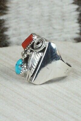 Turquoise, Coral and Sterling Silver Ring - Wilbur Myers - Size 9