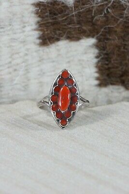 Zuni Coral and Sterling Silver Ring - Nancy Dishta - Size 6.5